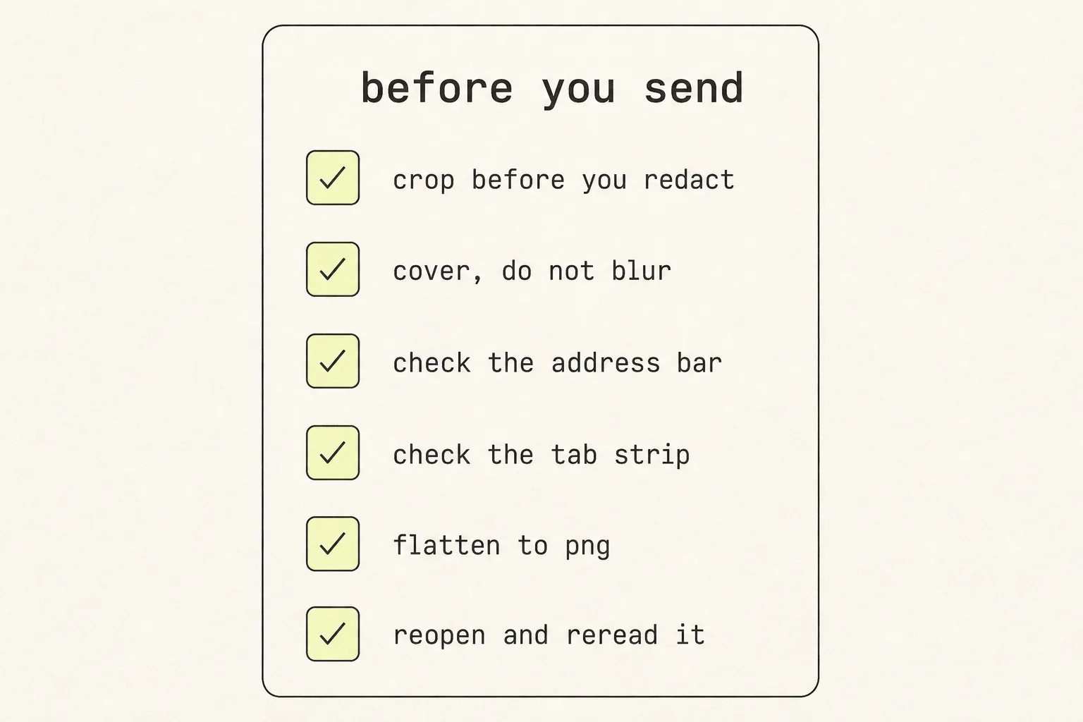 A checklist card headed “before you send” with six ticked items: crop before you redact, cover do not blur, check the address bar, check the tab strip, flatten to PNG, reopen and reread it.