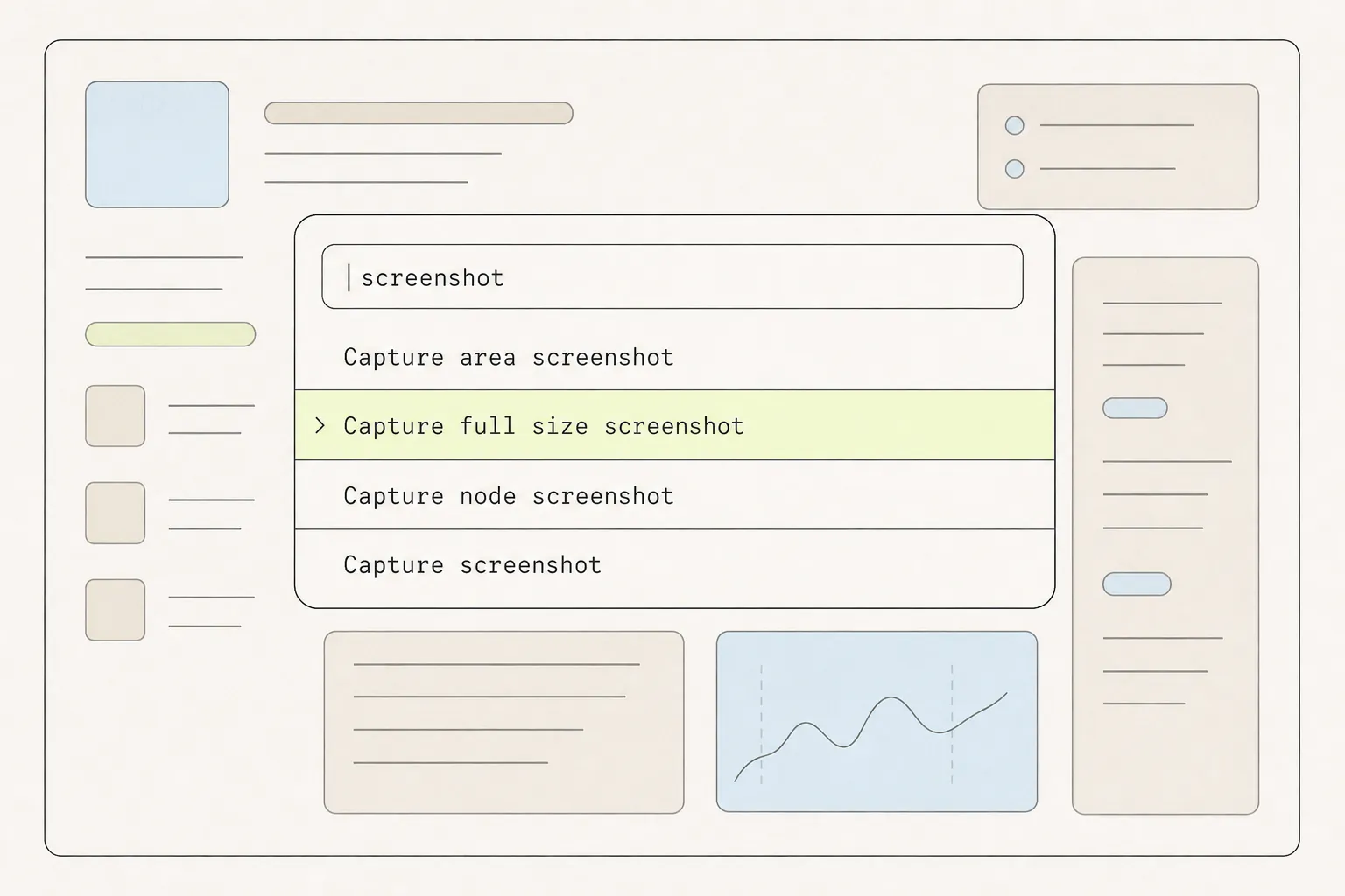 Chrome DevTools command menu with “screenshot” typed and four commands listed, with Capture full size screenshot highlighted.