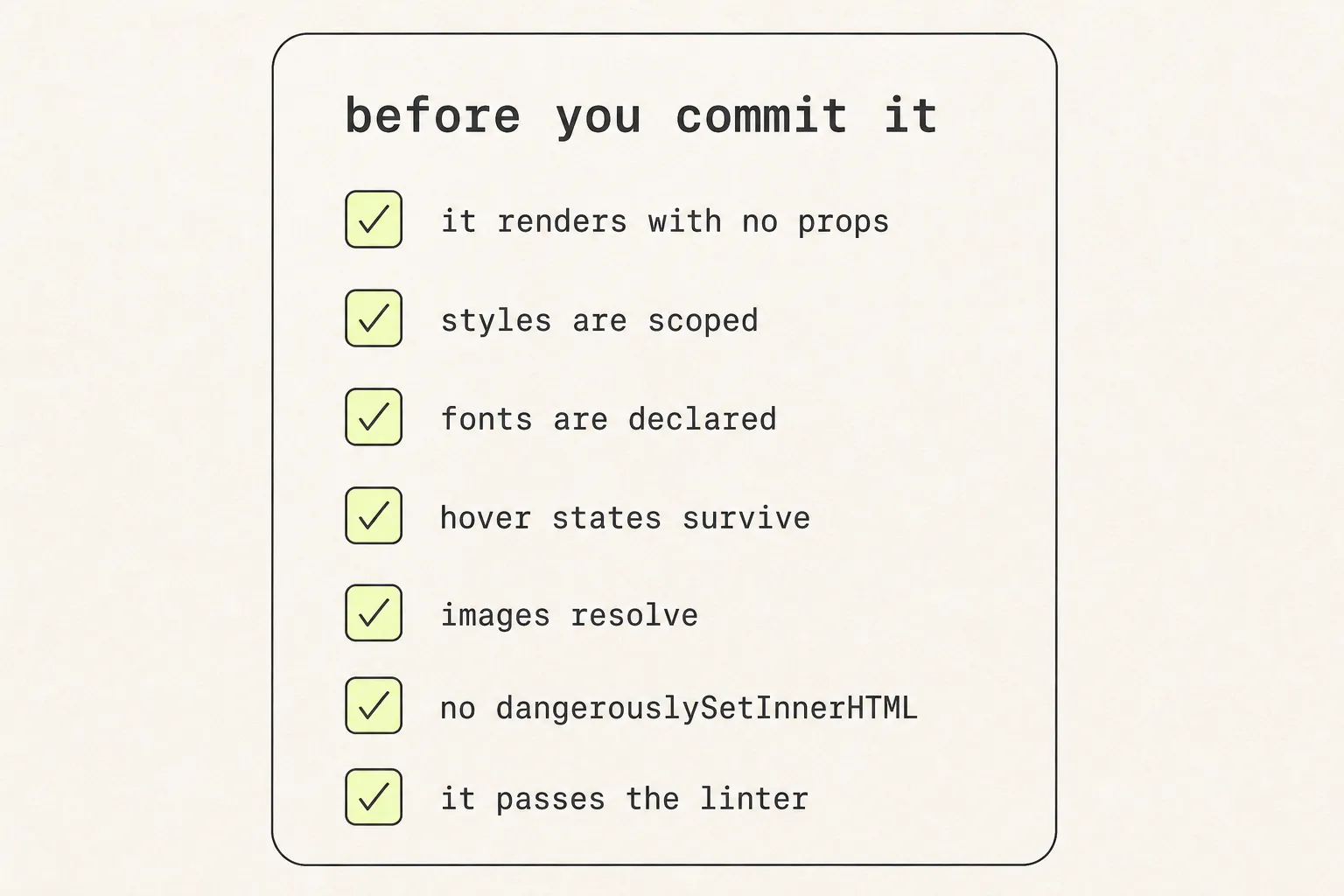 A checklist card headed “before you commit it” with seven ticked items covering rendering with no props, scoped styles, declared fonts, surviving hover states, resolving images, no dangerouslySetInnerHTML, and passing the linter.
